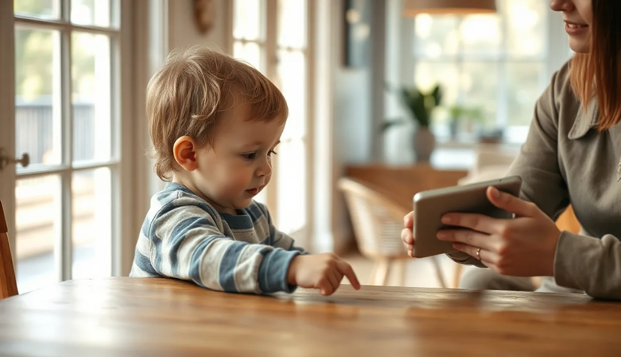 Child reaching toward an AAC communication device held by a parent at home