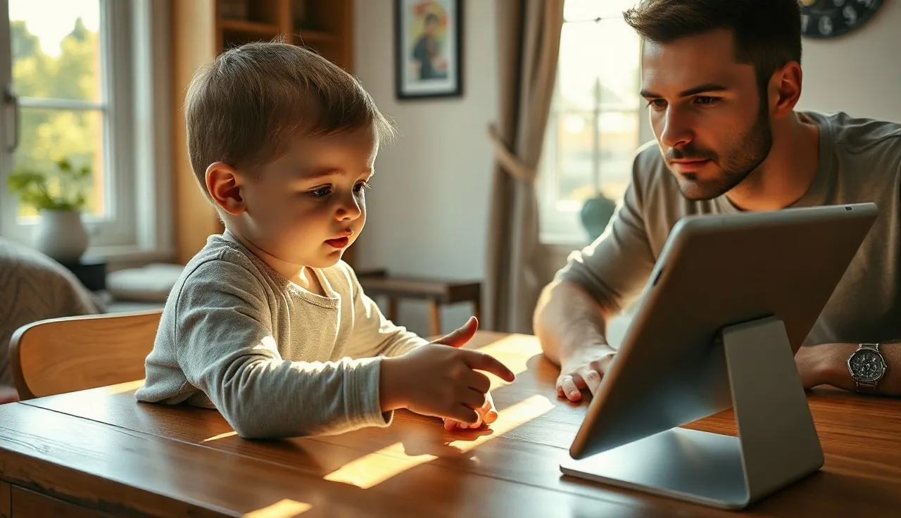 Young child using an AAC tablet device at home with parent nearby