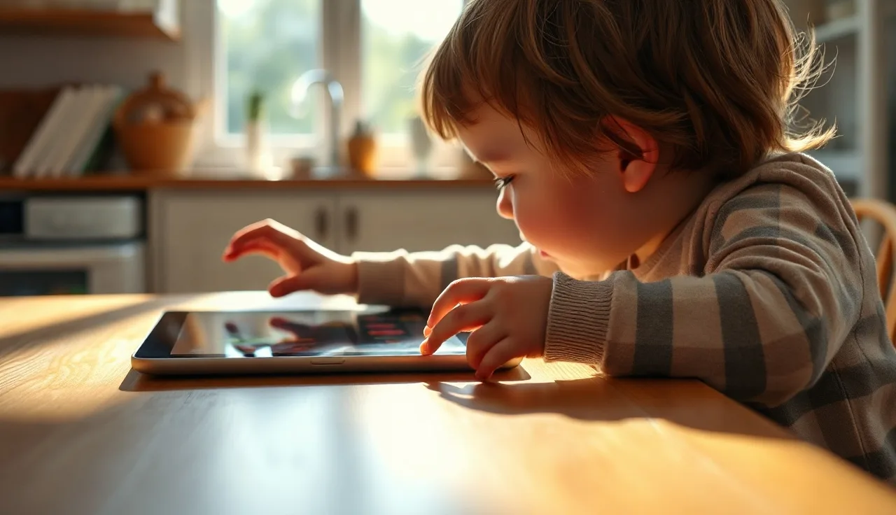 Child's hands touching a tablet displaying colorful AAC communication icons