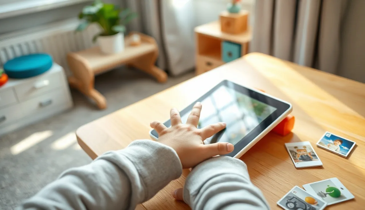 Child's hands on an AAC tablet with colorful symbol images displayed