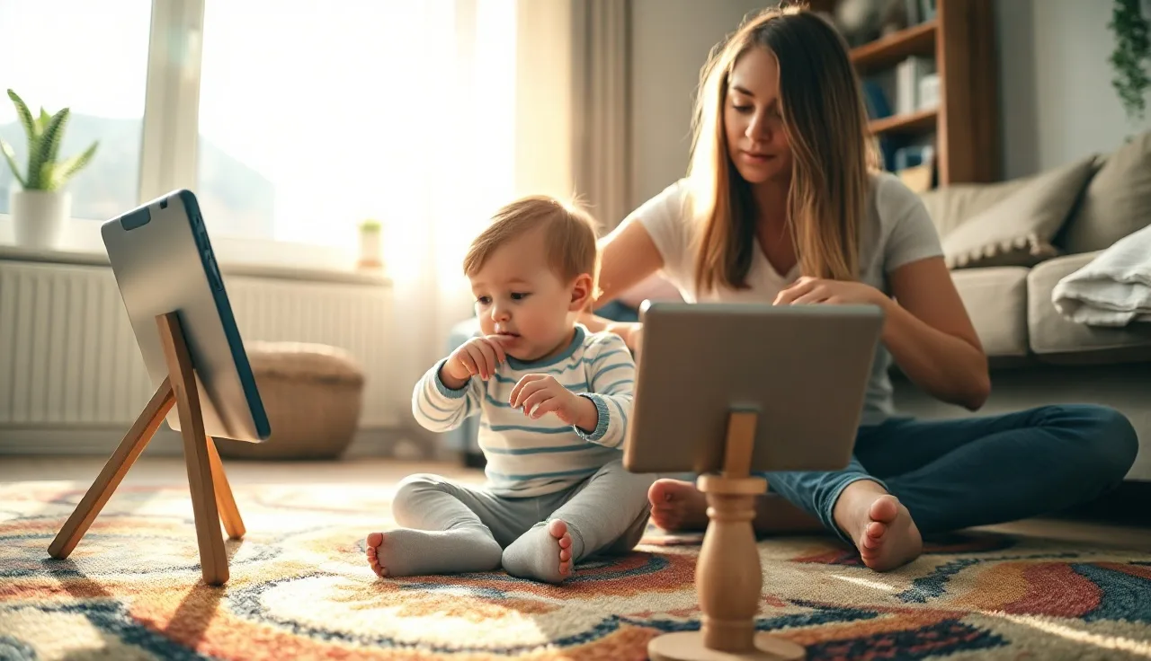 Child and caregiver using an AAC tablet together on a living room floor
