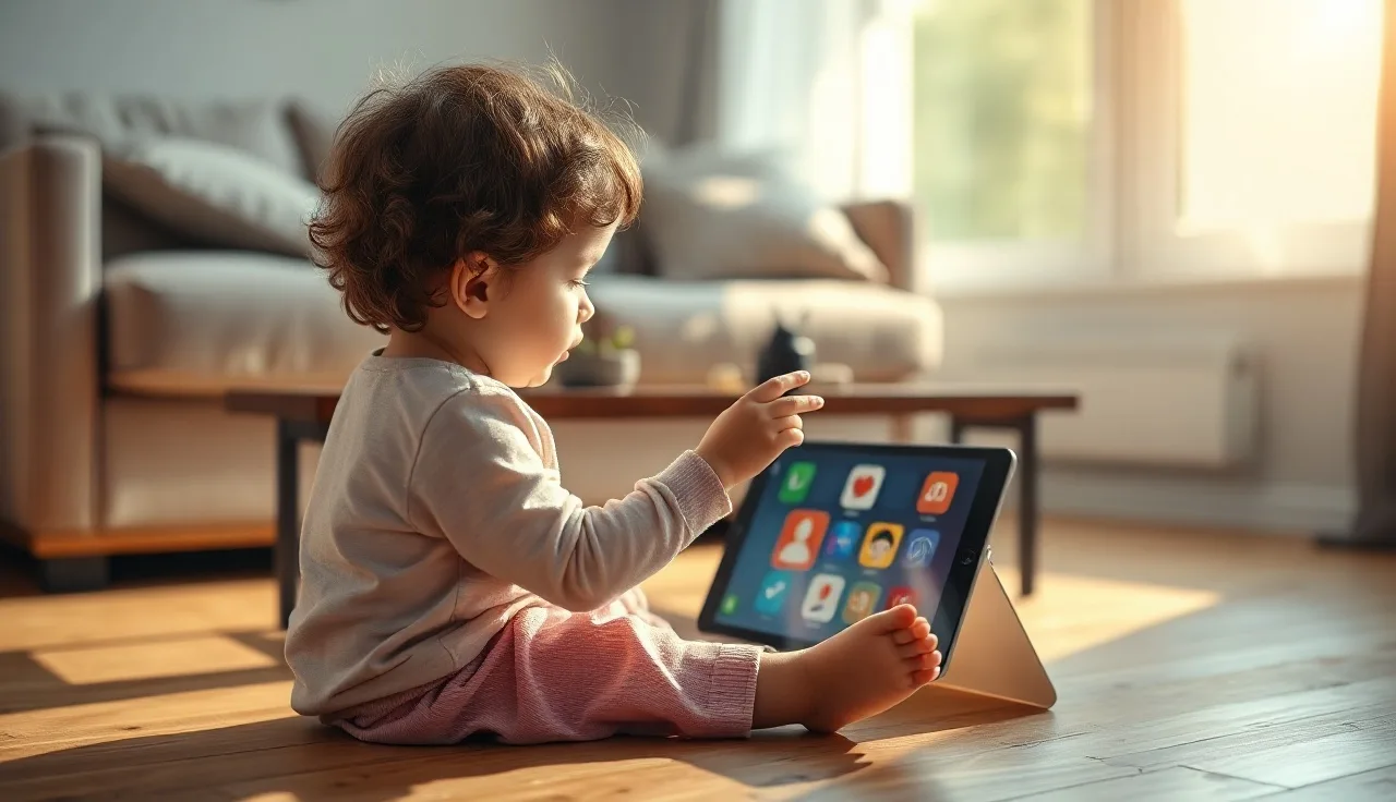 Young child using an AAC app on an iPad propped on a couch cushion