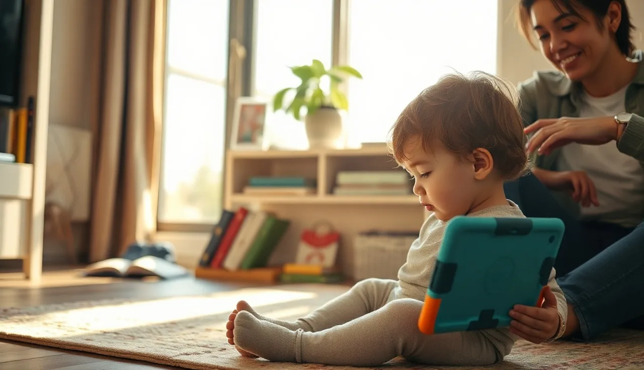 Young child pressing symbols on an AAC tablet device at home with parent nearby