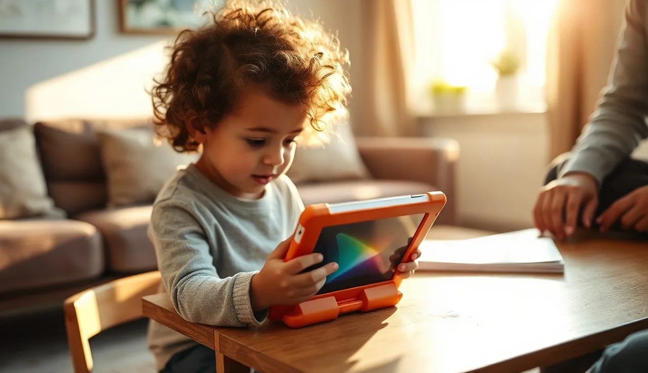 Child pressing symbols on a mounted AAC tablet device at a wooden table