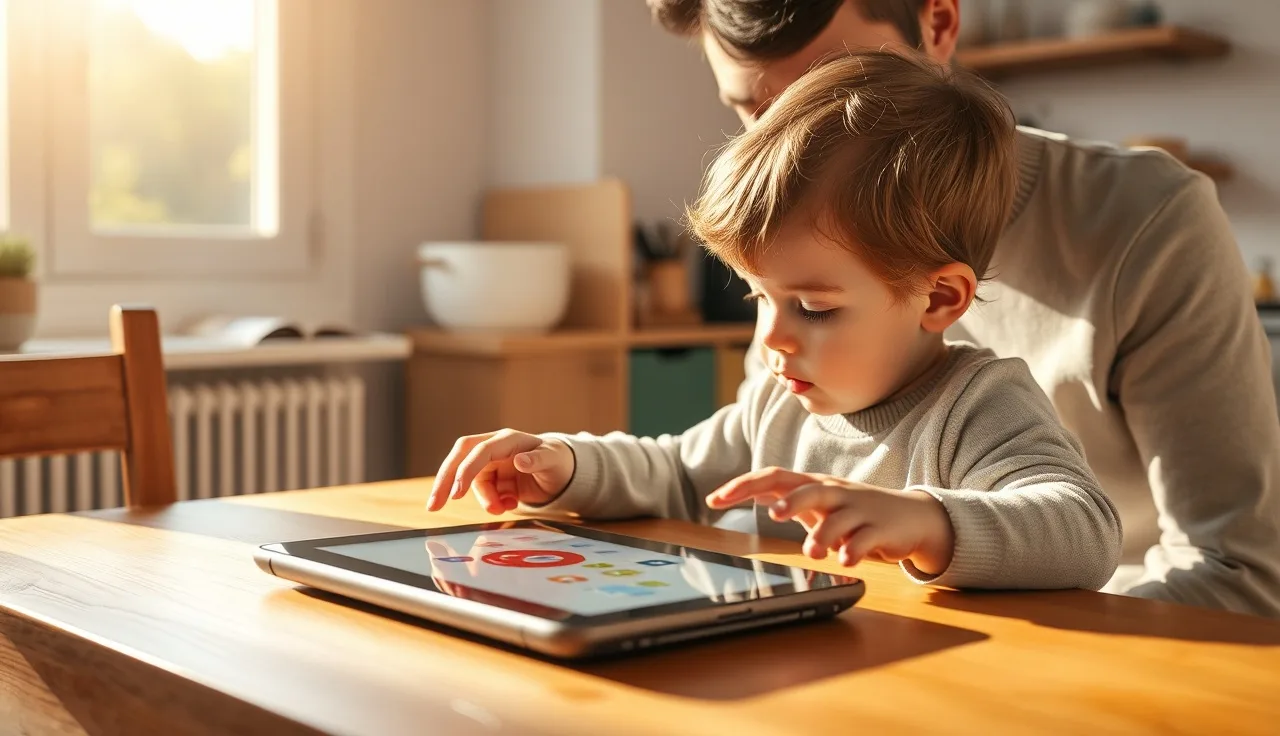 Young child using an AAC tablet device at home with parent nearby