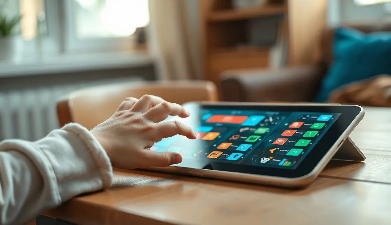 Young child's hand touching a symbol grid on a tablet used for AAC communication