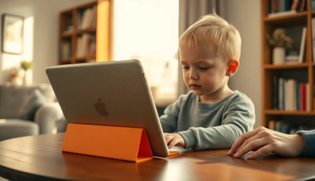 Young child using a tablet AAC device at a home table with an adult nearby