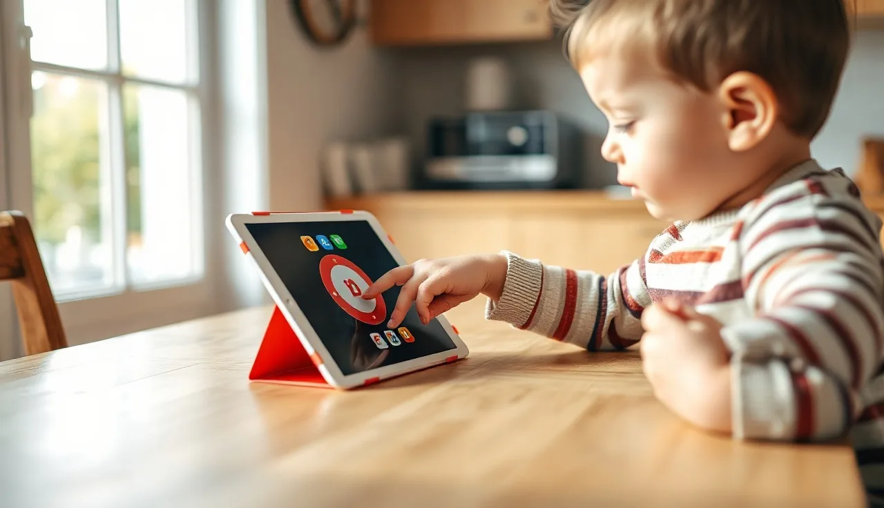 Young child using an AAC app on an iPad with a parent nearby