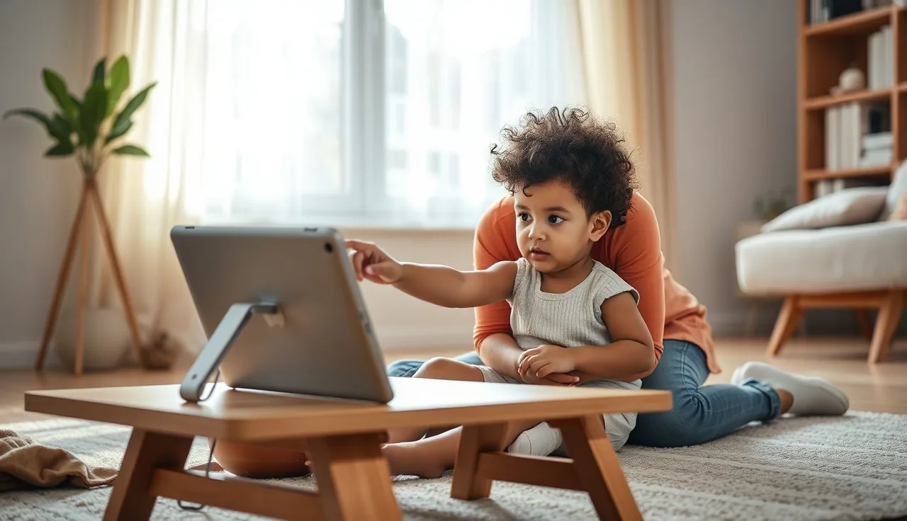 Child and caregiver using a communication tablet together on the floor