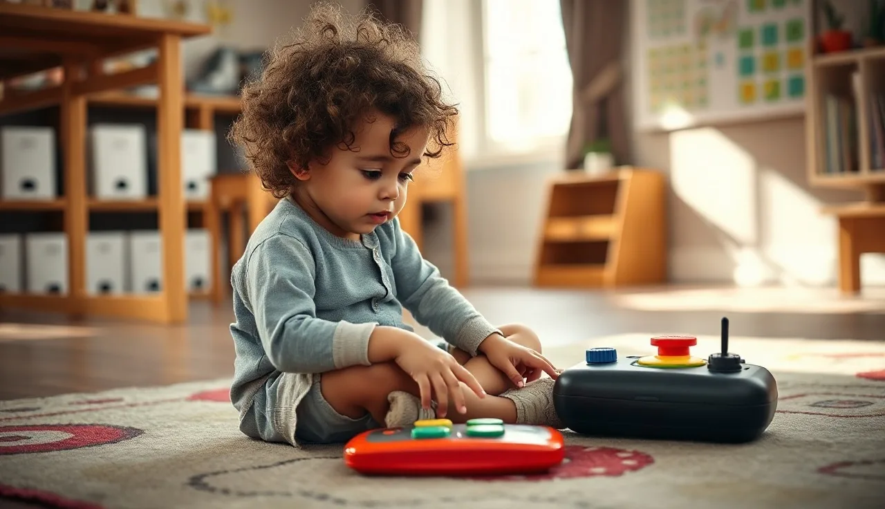 Young child pressing a colorful AAC communication button device on a classroom floor