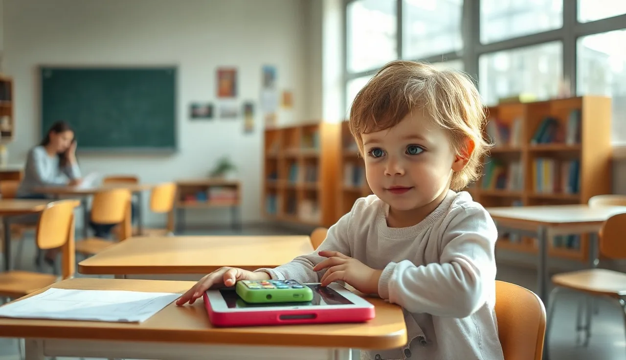 Young child using a communication tablet device at a classroom desk