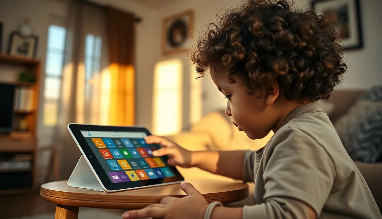 Young child using a symbol grid AAC communication device at a home table