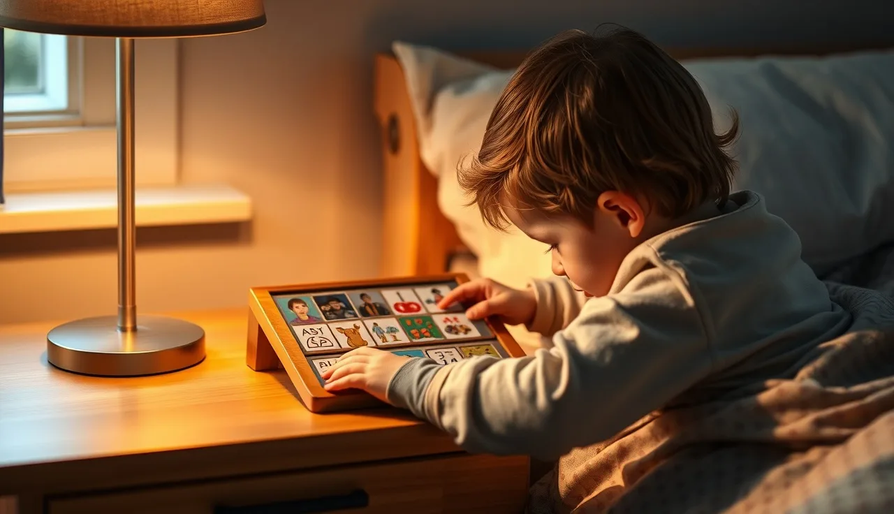 Child in bed reaching toward an AAC picture board on a nightlit bedside table