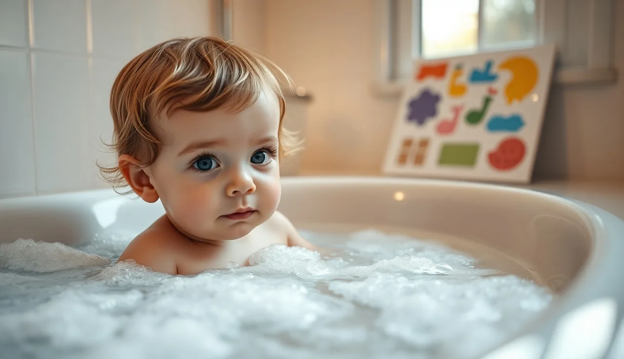 Child in bubble-filled bathtub beside a laminated AAC communication board on tile wall