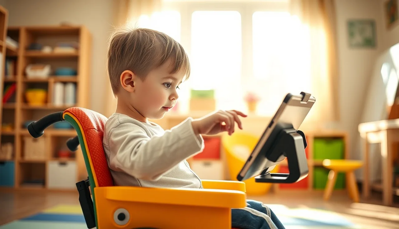 Young child in adaptive chair reaching toward an AAC tablet on an adjustable mount