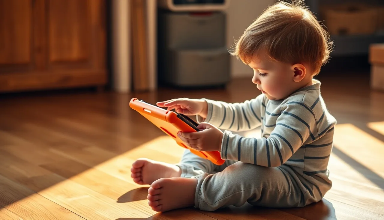 Young child using a tablet AAC speaking device with parent nearby on wooden floor