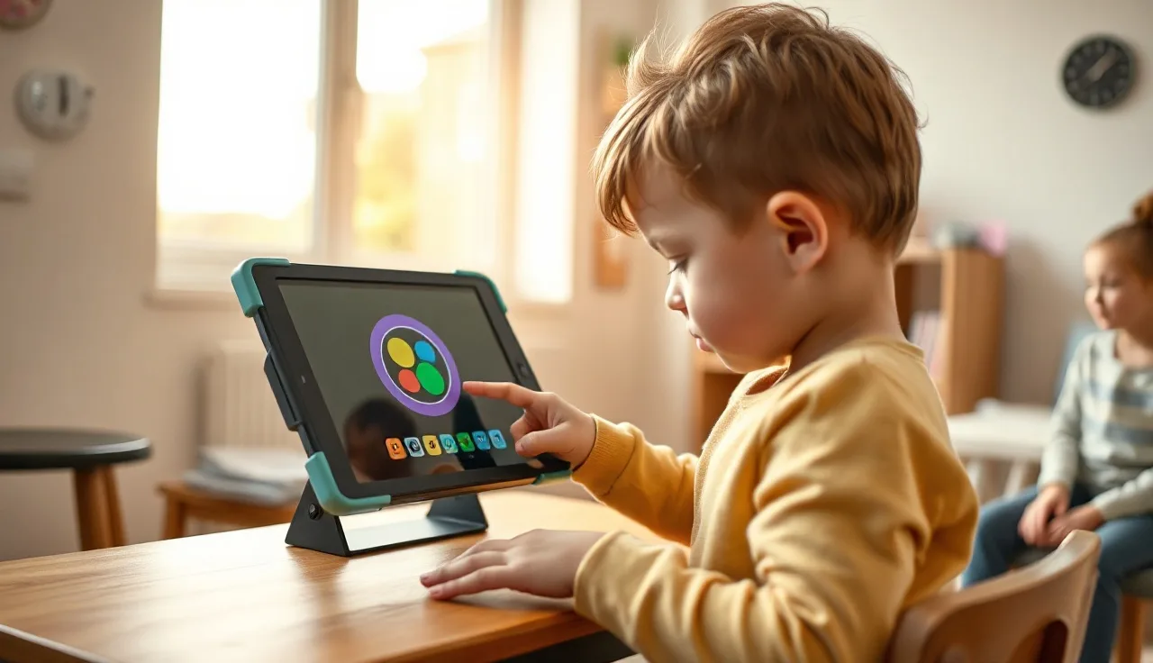 Young child pressing a symbol on an AAC talking device at a therapy table