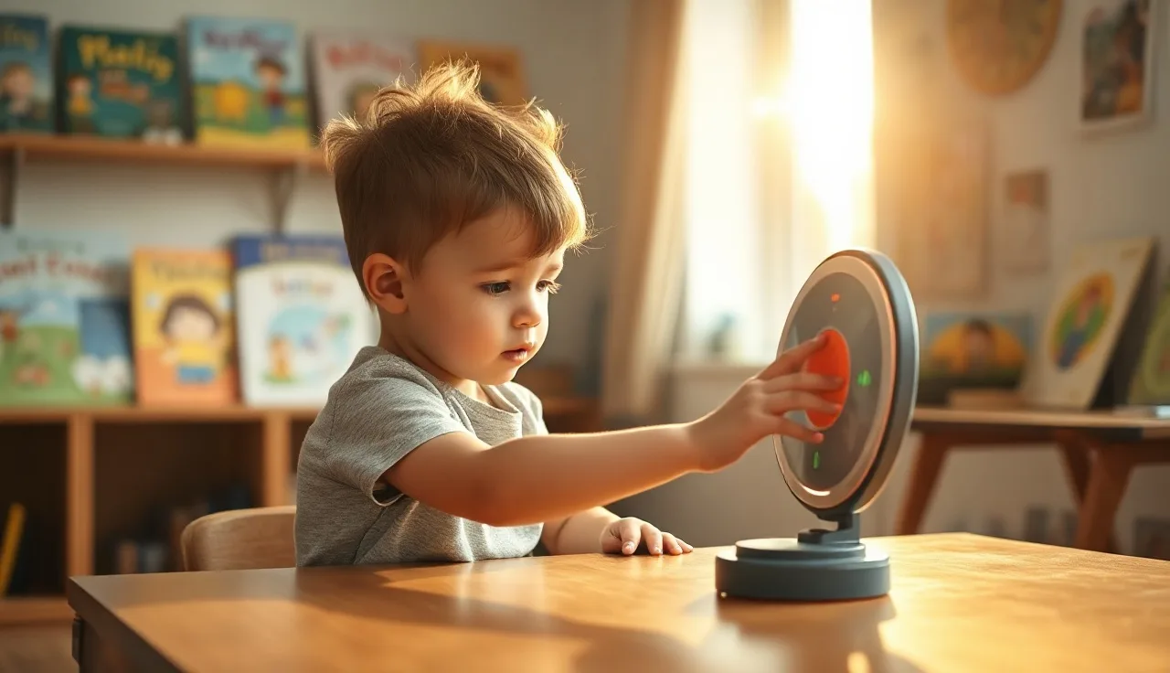 Young child reaching for a large AAC communication button on a wooden table