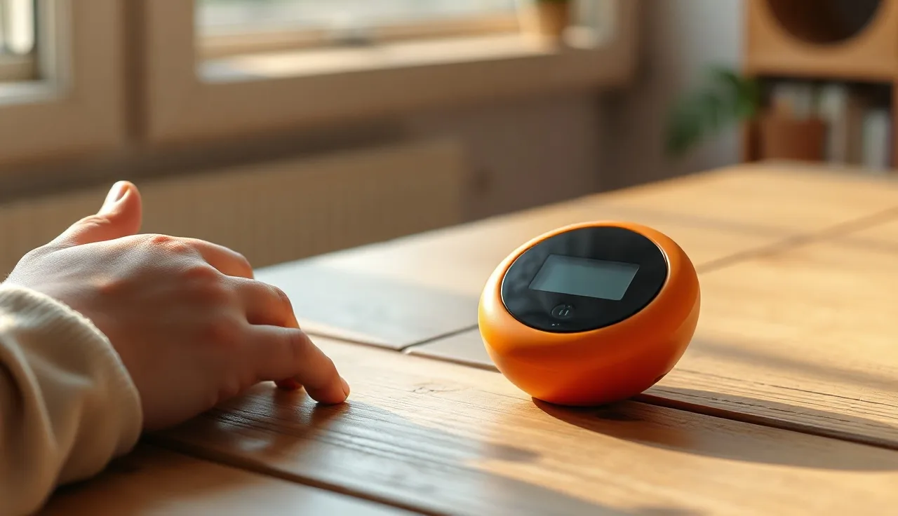 Small round AAC communication device on a wooden table beside a child's hand