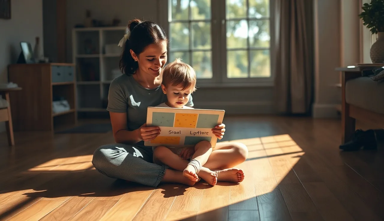 Child and caregiver doing echolalia communication activity on a living room floor