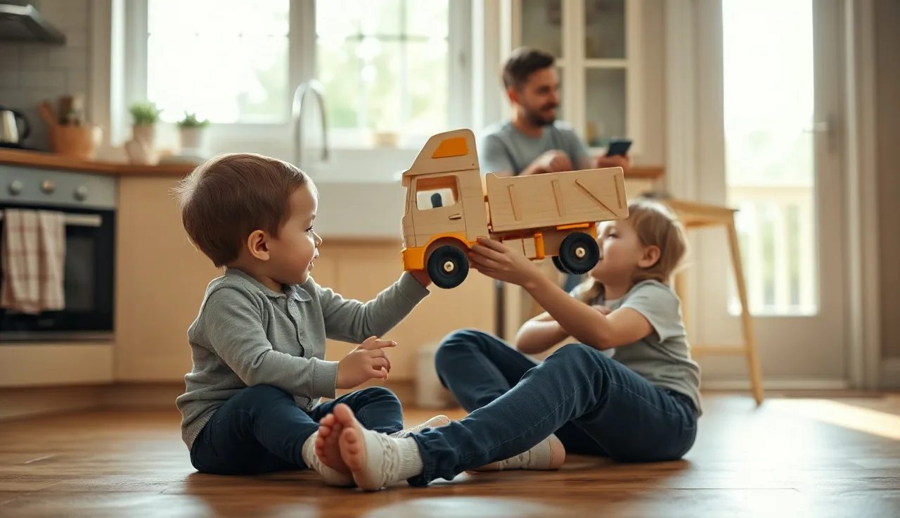 Parent holding toy out of reach while toddler reaches and points during play