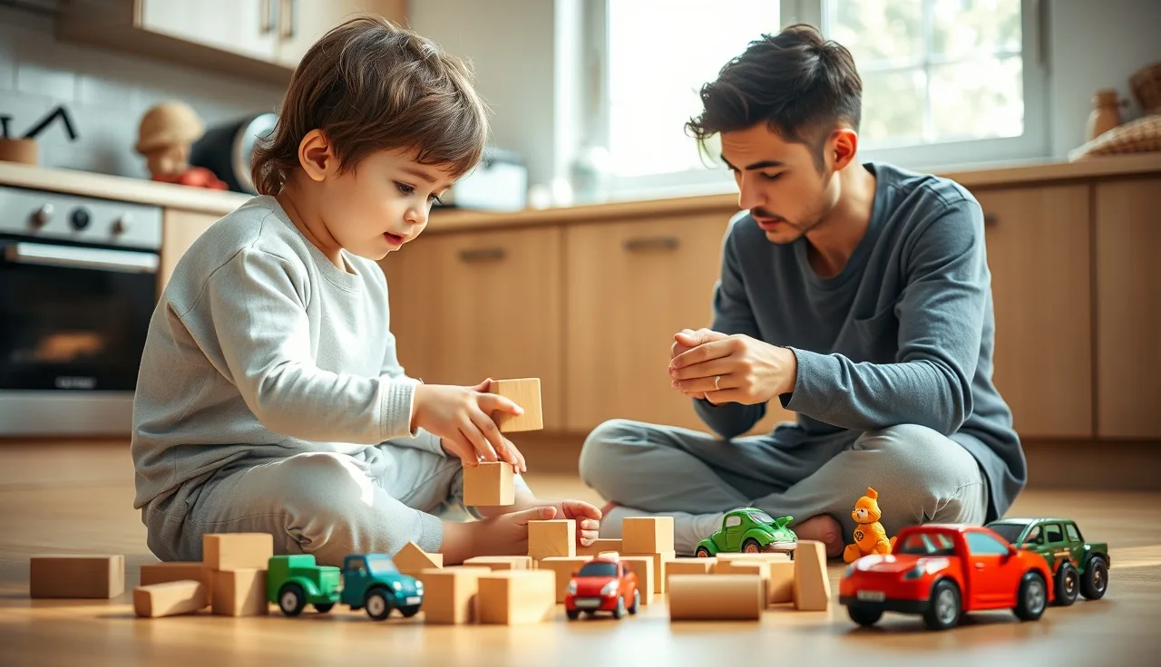Toddler and parent playing with blocks and toy cars on kitchen floor
