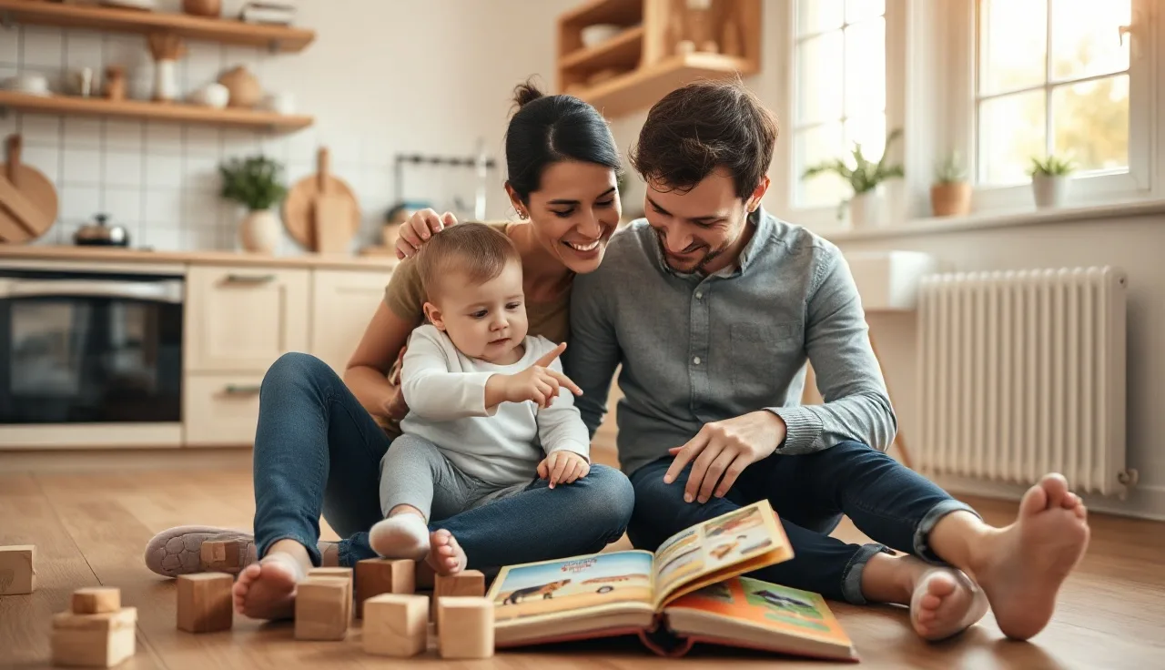 Parent and toddler pointing at a picture book together on a kitchen floor
