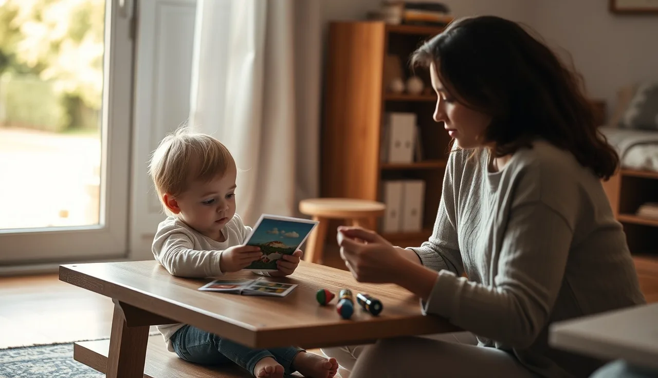 Child and adult reviewing picture cards during a speech session at home