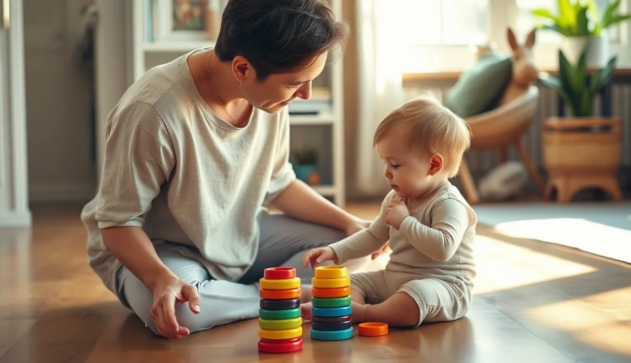 Toddler playing with rings while parent speaks closely, supporting speech development at home