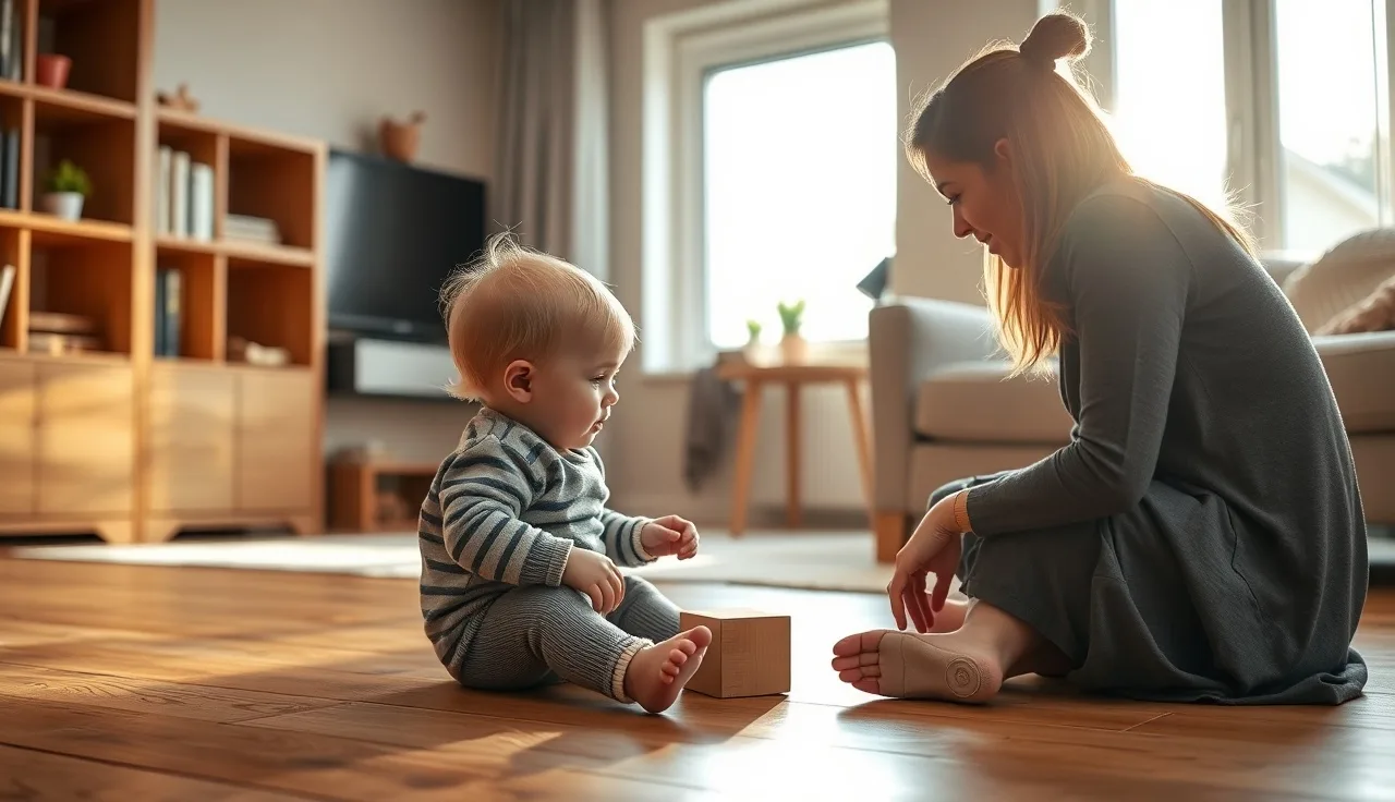 Toddler and parent playing face to face on a floor, supporting early speech