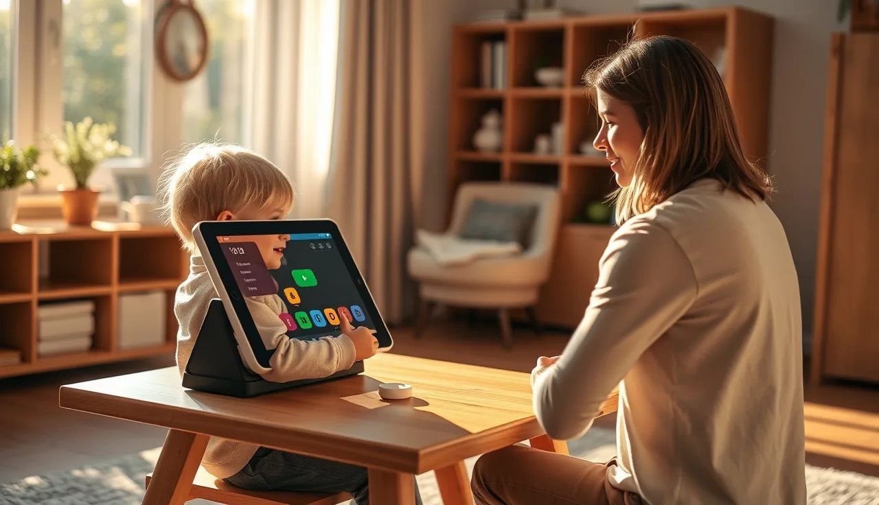 Young autistic child using a colorful AAC communication device on a tablet