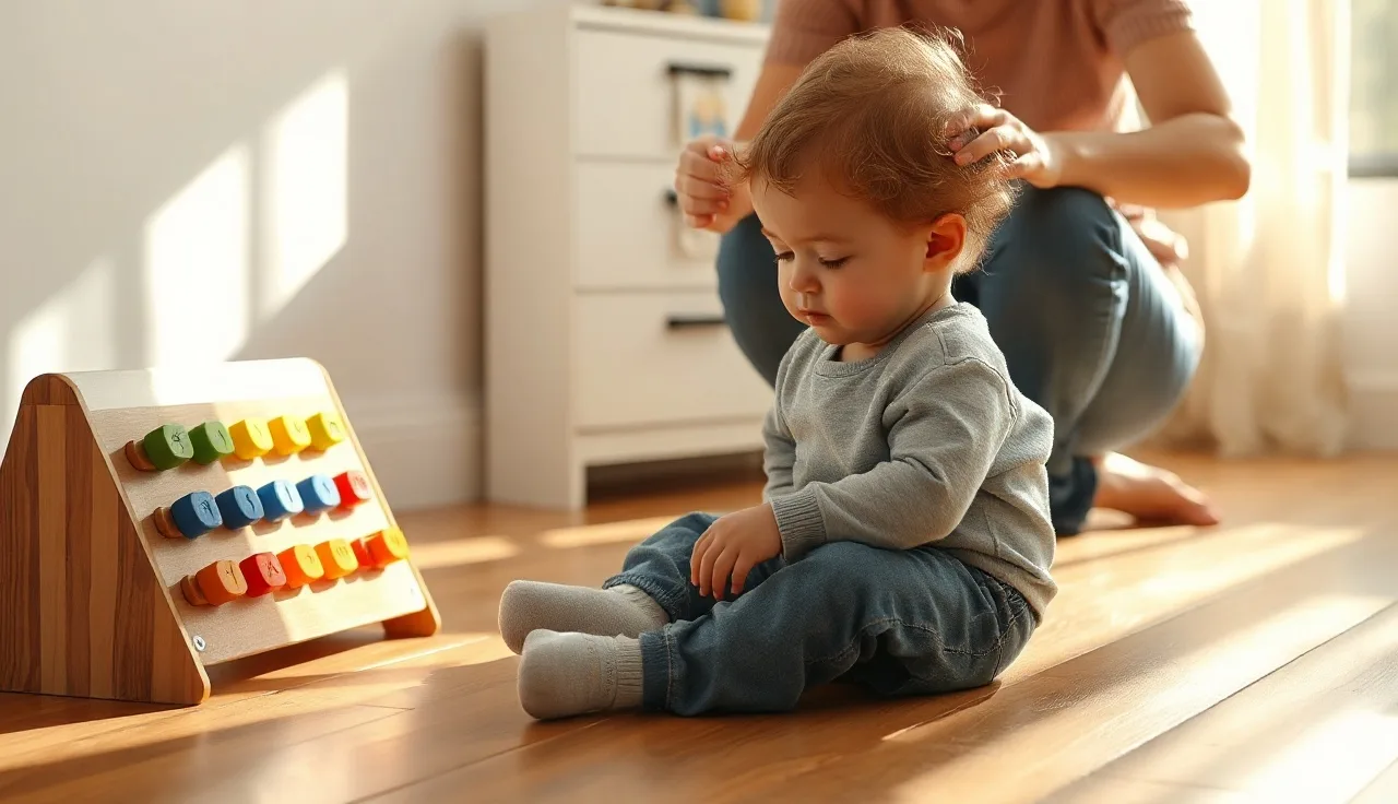 Young child pressing a colorful AAC symbol board on wooden floor