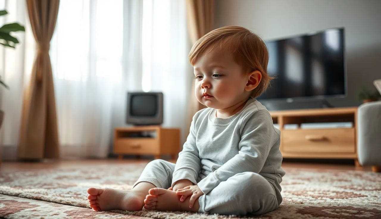 Young child quietly mouthing words in a sunlit living room near a softly glowing TV
