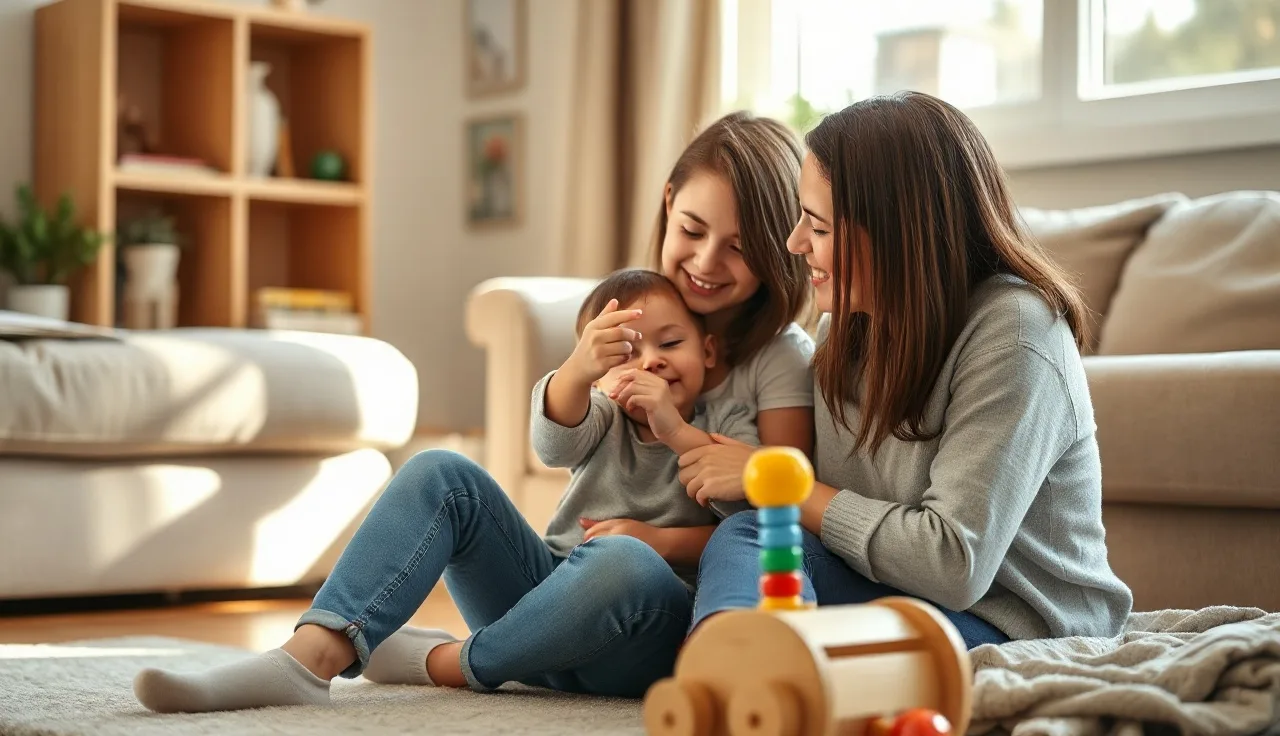 Mother and toddler talking together over a toy on a living room floor