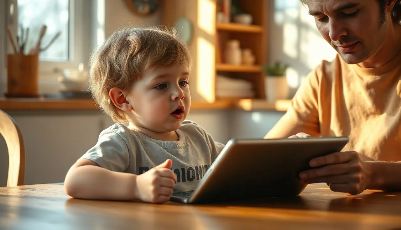 Young child practicing speech with a tablet at a kitchen table, parent nearby