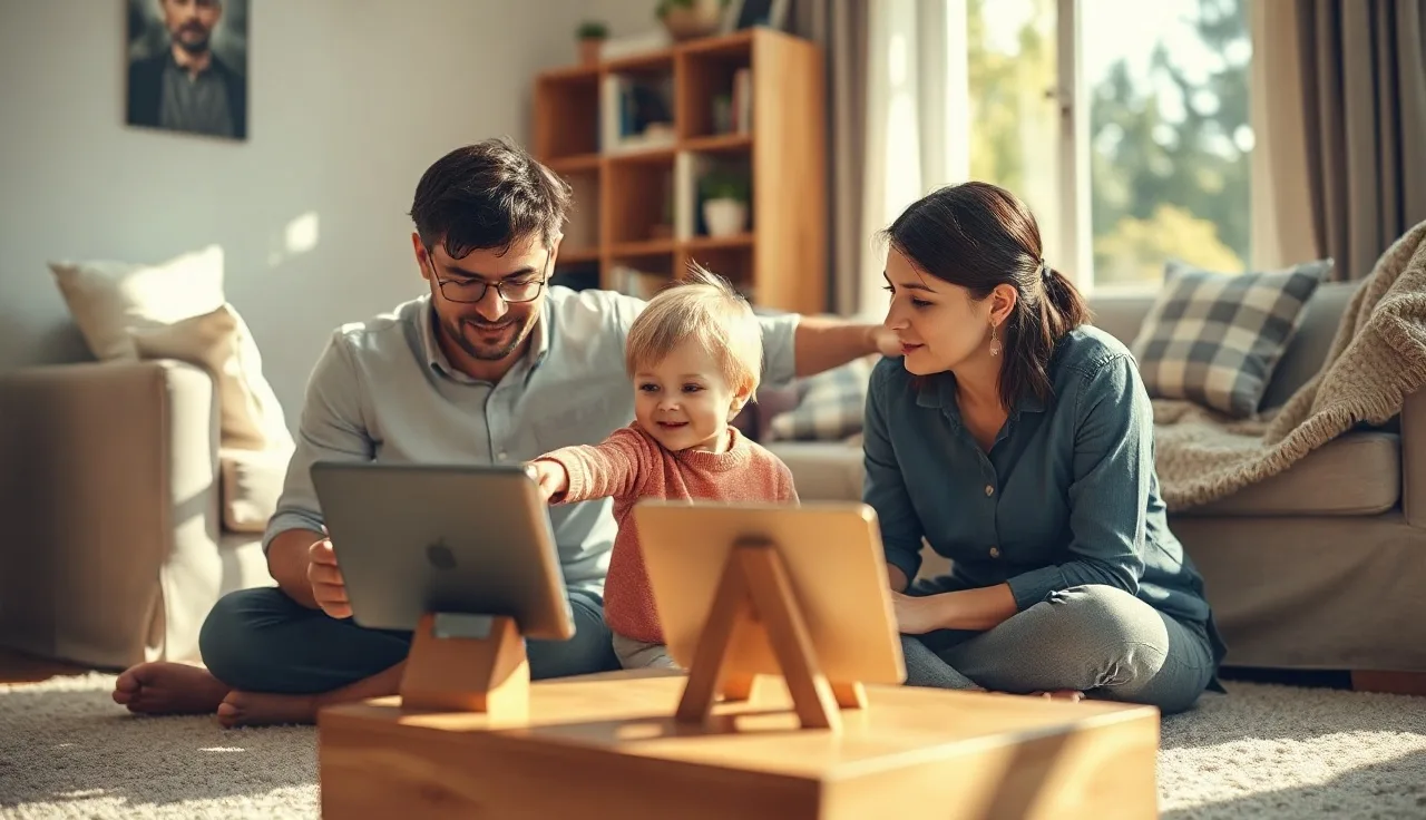 Toddler and parent interacting over a tablet during speech practice at home