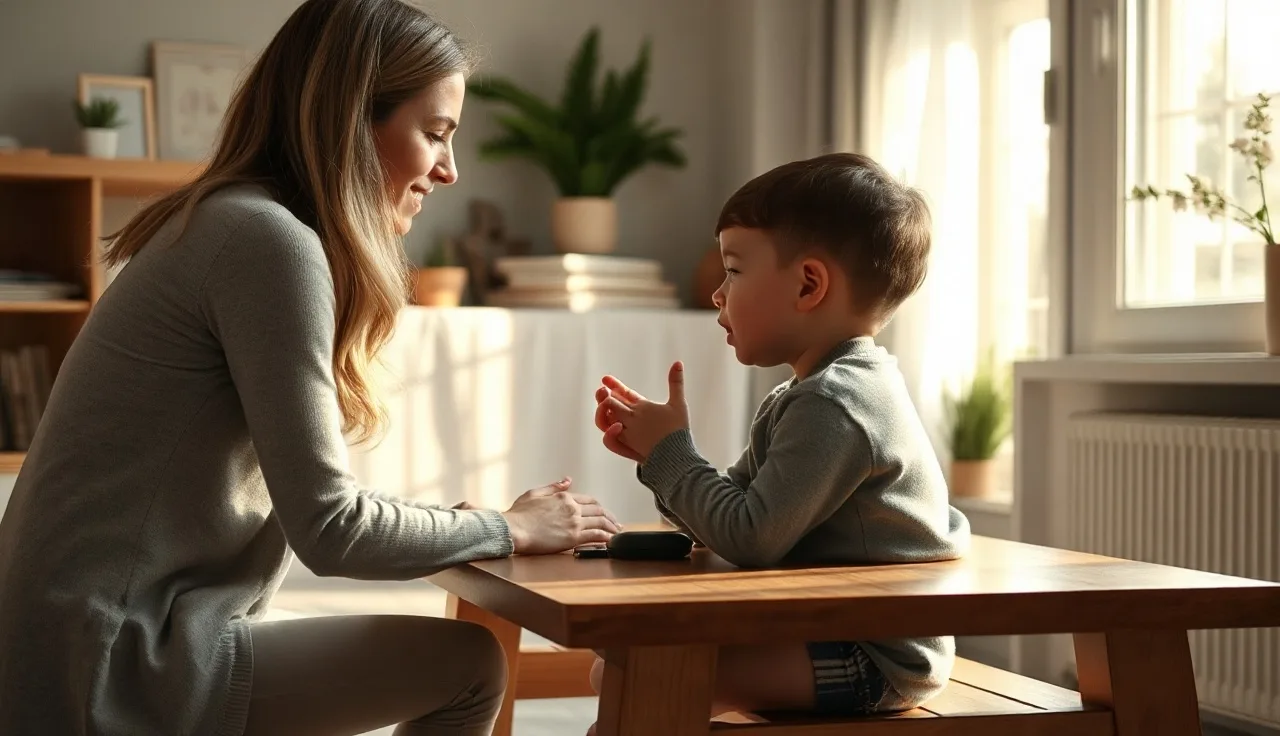 Young child and speech therapist practicing mouth movements in a sunlit therapy room