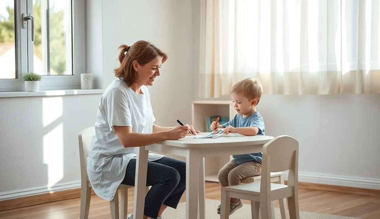 Speech-language pathologist evaluating a young child for apraxia of speech using picture cards