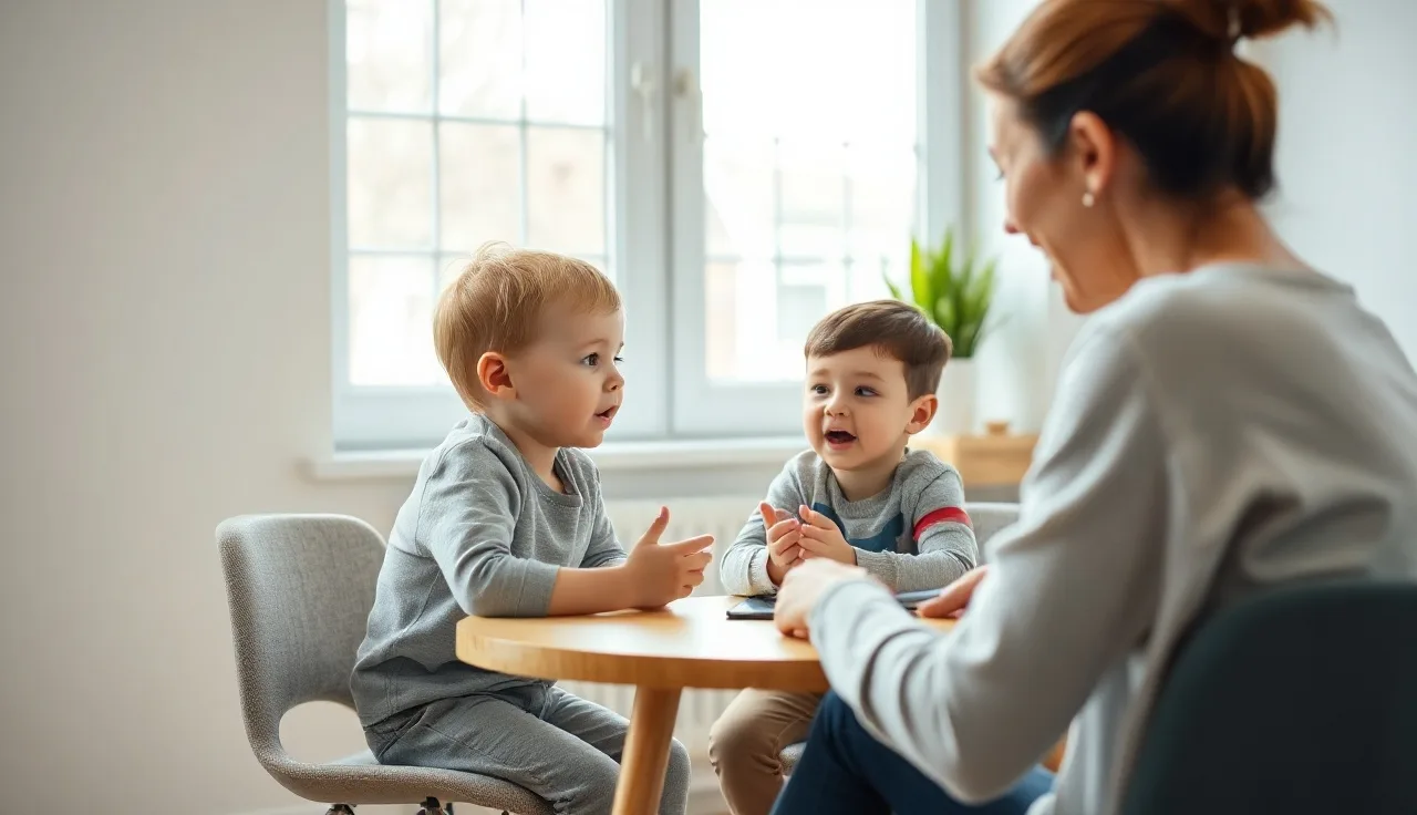 Young child practicing speech with a therapist at a small table in a therapy room