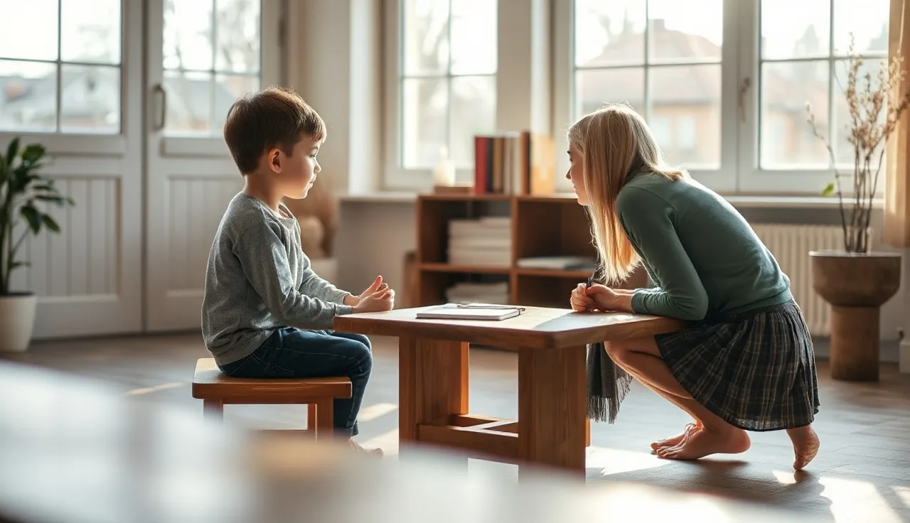 Child and adult face each other at a therapy table practicing speech sounds