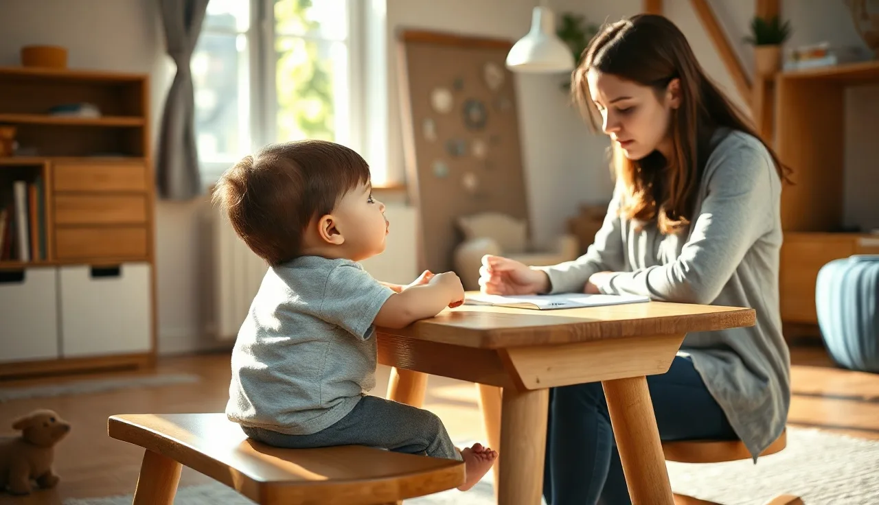 Young child watching speech therapist's mouth during a speech therapy session