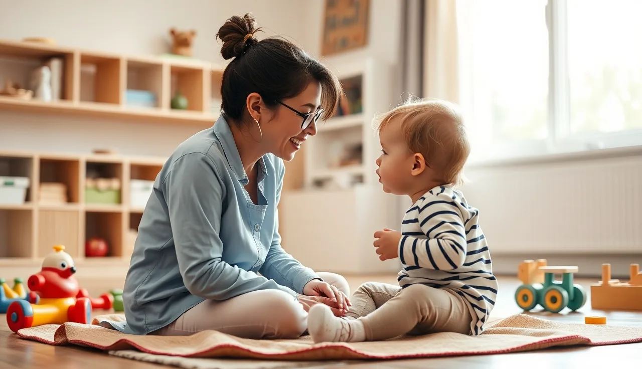 Toddler and speech therapist practicing mouth movements during a therapy session