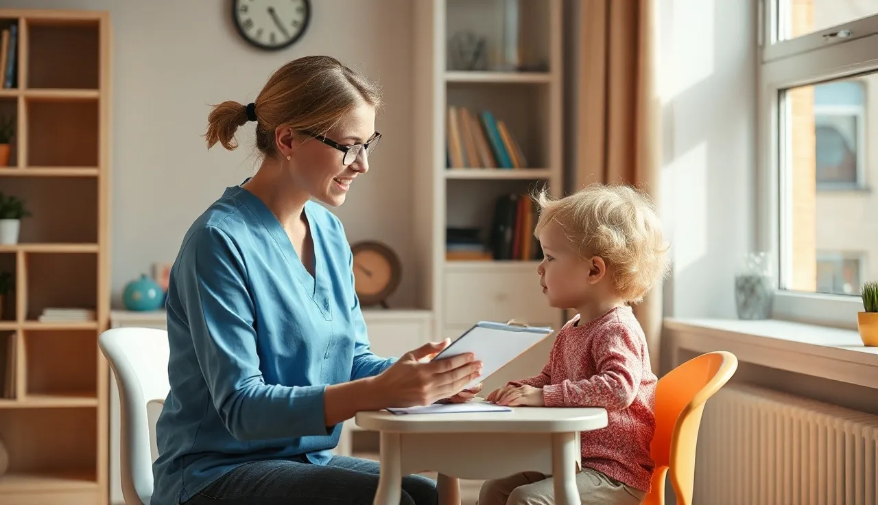 Speech therapist and young child during an apraxia speech evaluation session