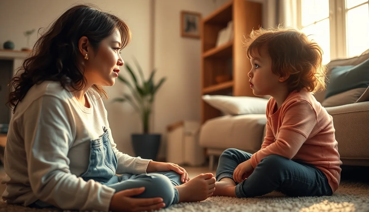 Young child attempting to speak with a woman during a home speech session
