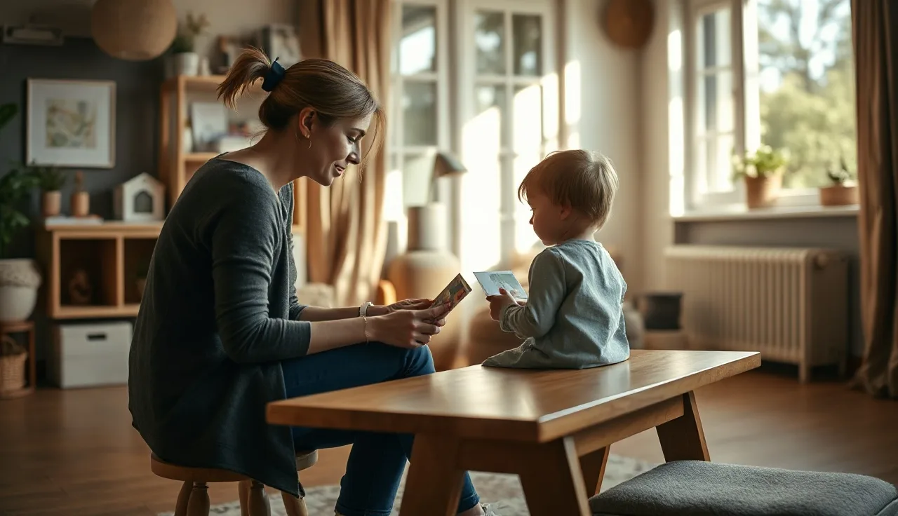 Young child and speech therapist practicing with picture cards at a therapy table