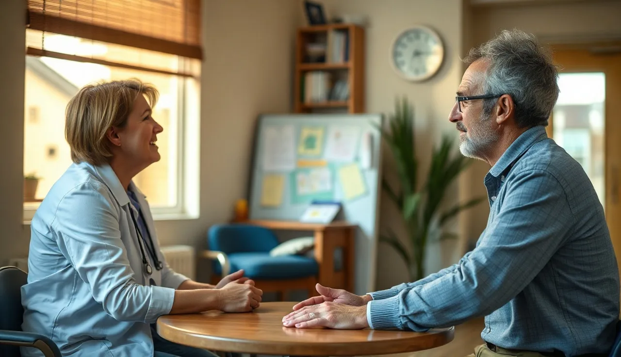 Speech-language pathologist and adult patient in a clinic session, afternoon light