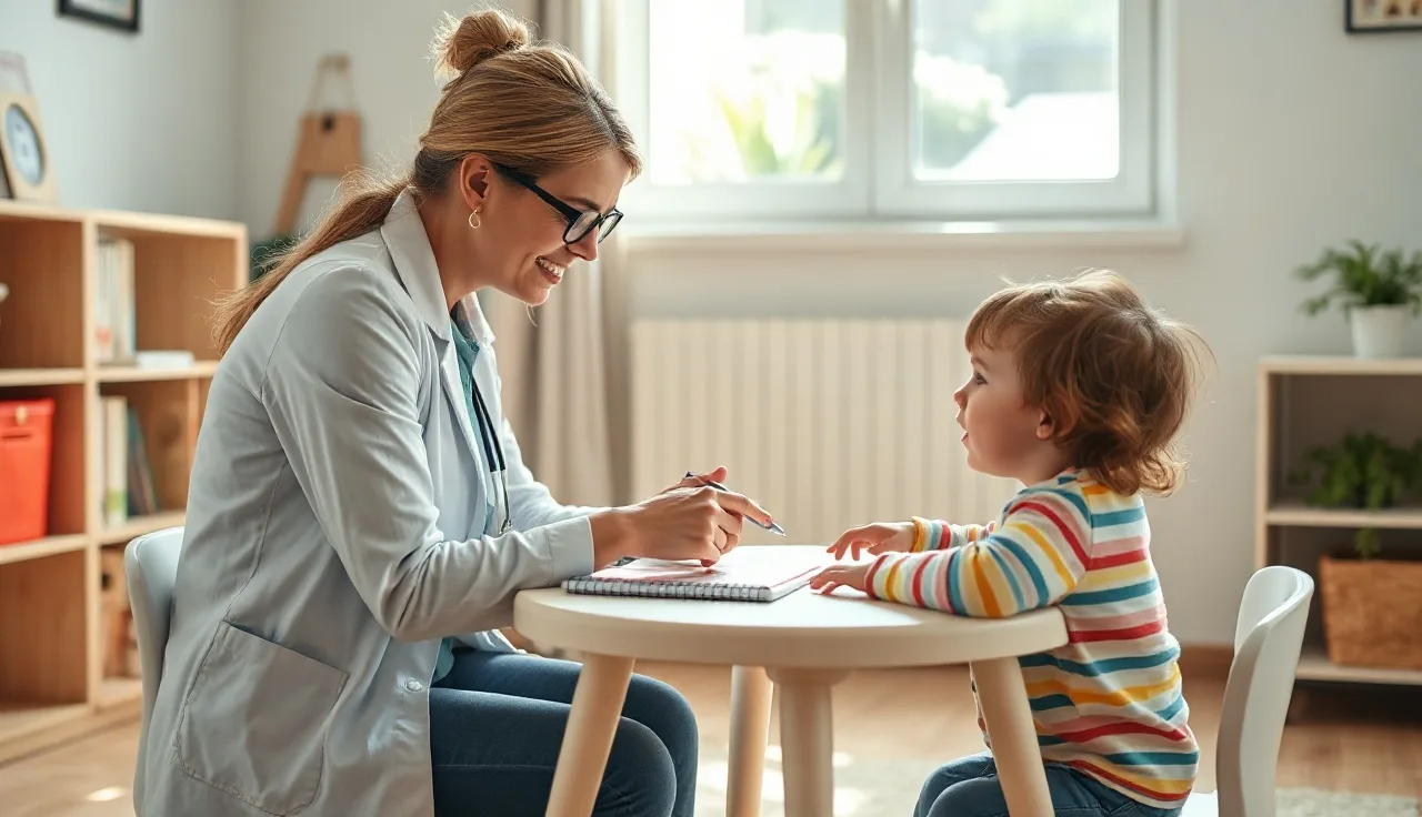 Speech-language pathologist working with a young child on motor speech skills in a therapy room