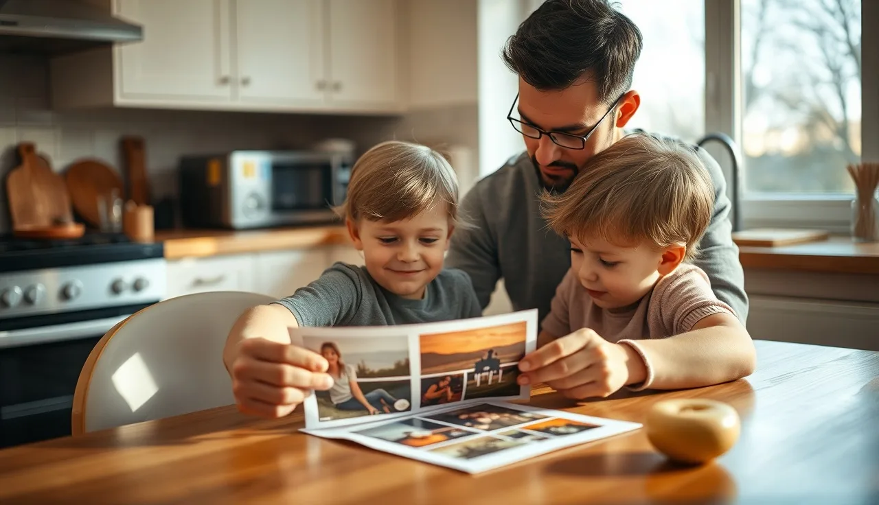 Parent and young child practicing speech with picture cards at a kitchen table