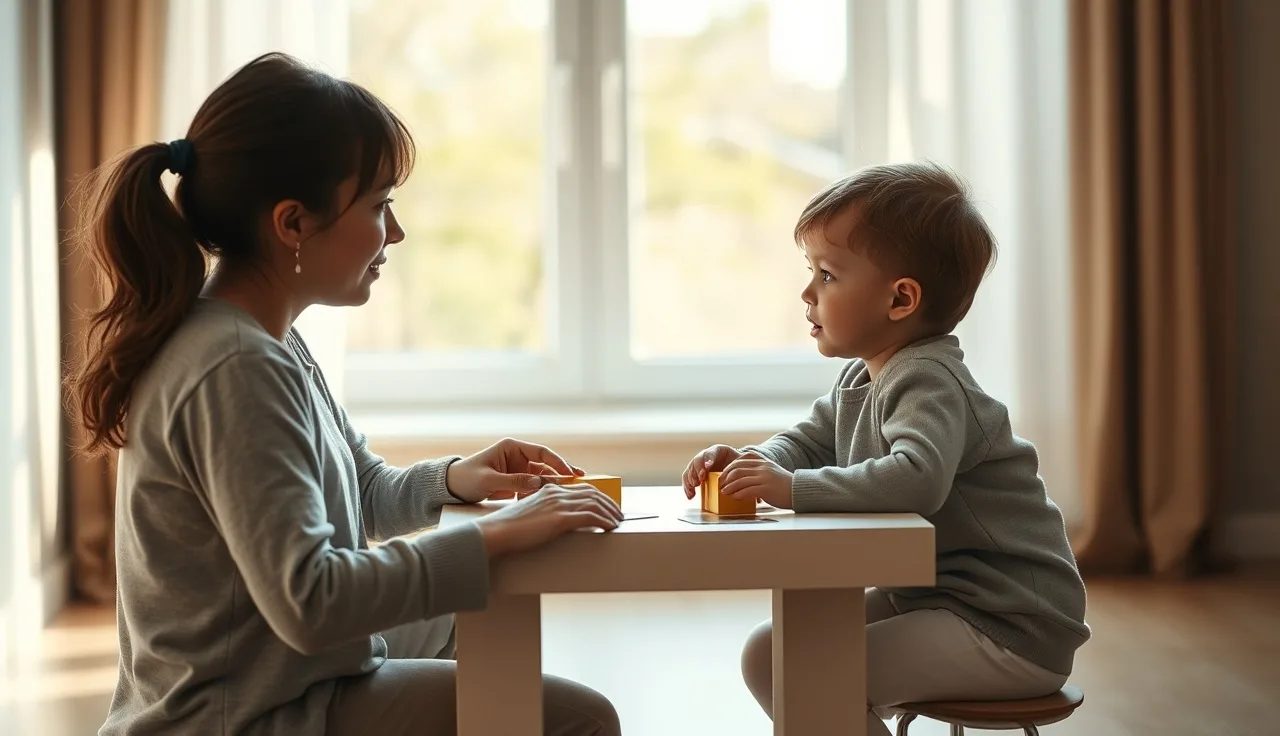 Young child in speech therapy session practicing words with a therapist