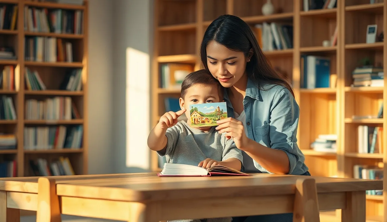 Child and adult doing articulation card practice at a wooden table
